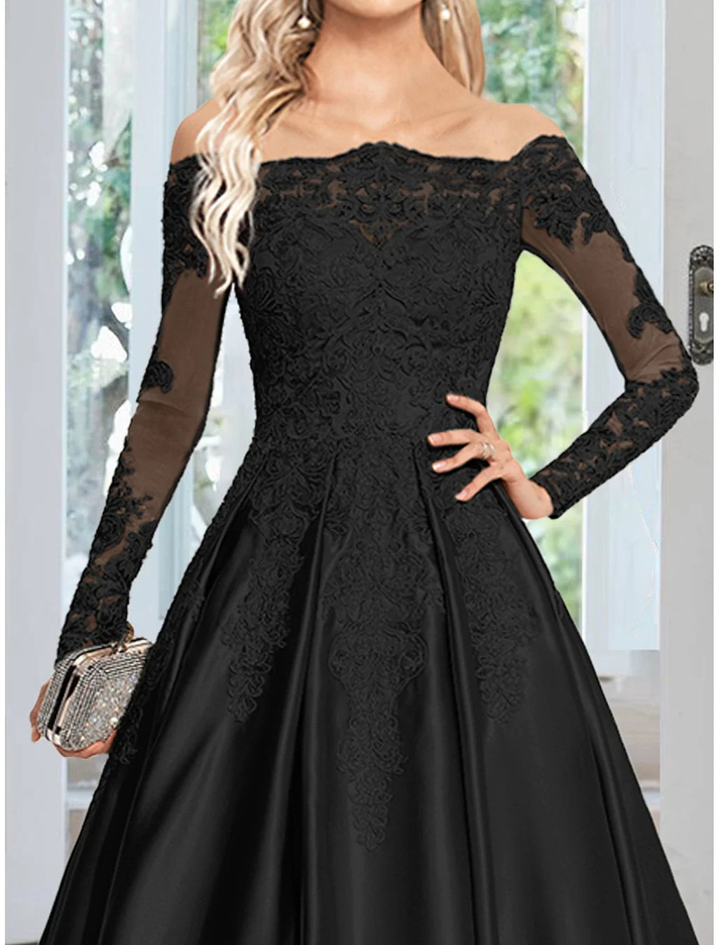 A-Line Off-Shoulder Satin Long Sleeve Train Evening Gown - Chloe Dress