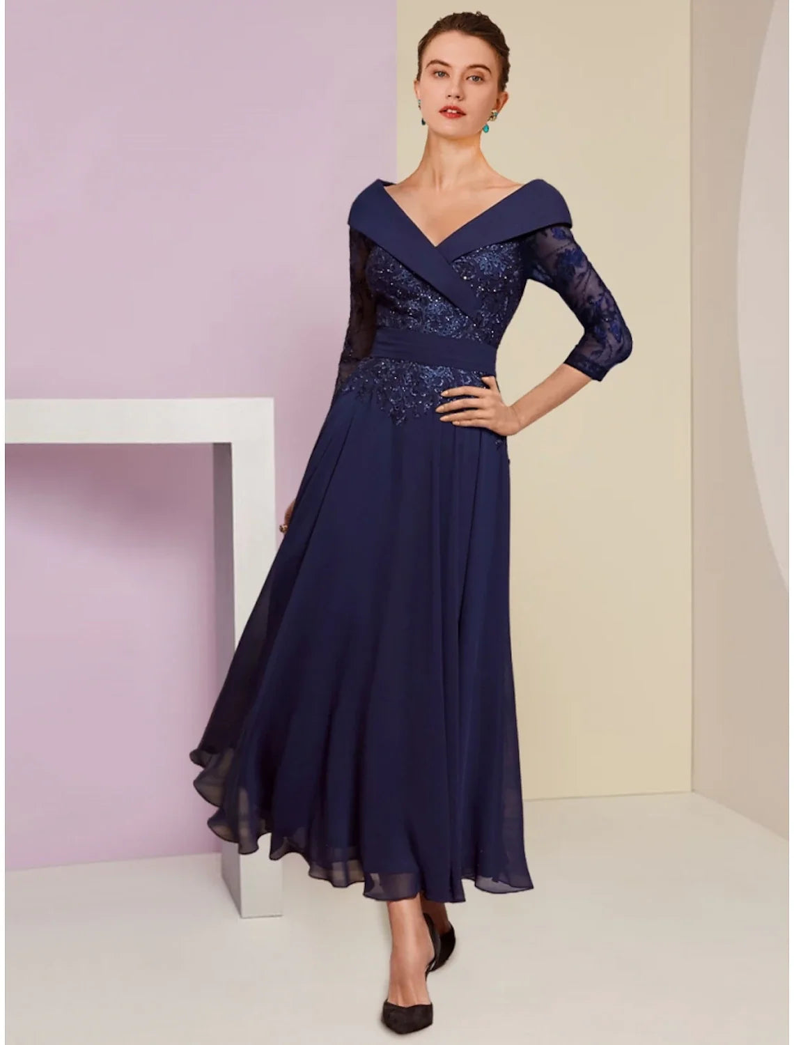A-Line V-Neck Chiffon Three-Quarter Sleeve Pleated Ankle-Length Wedding Dress - Chloe Dress