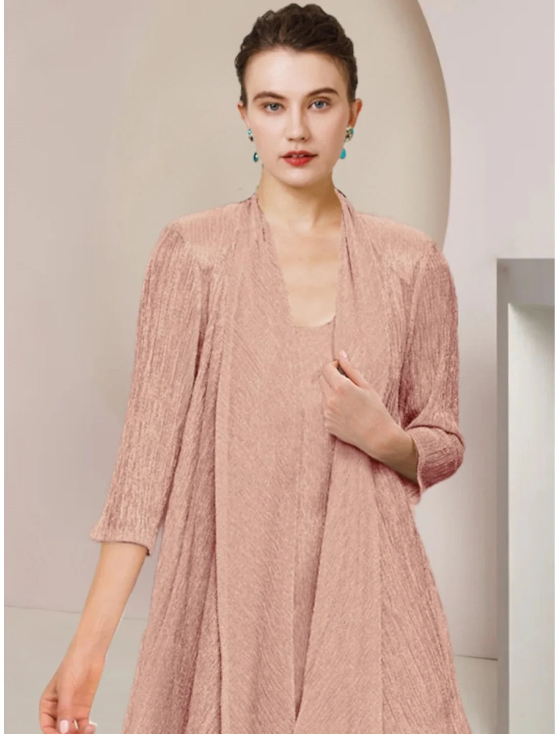 Lace Three-Quarter Sleeve Pleated Knee-Length Dress - Chloe Dress