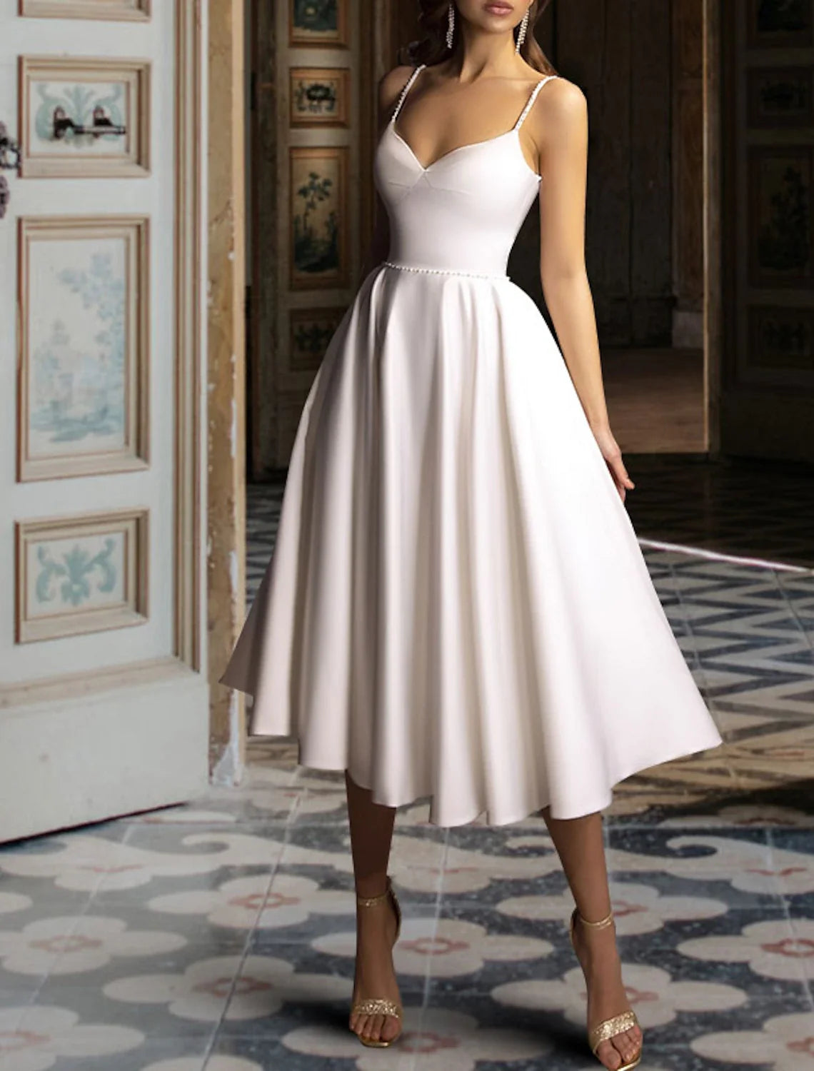White A-Line Sweetheart Satin Tea-Length Wedding Gown - Chloe Dress