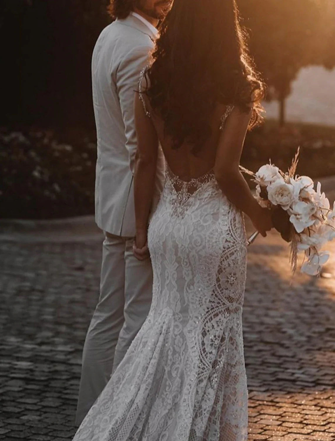 Mermaid V-Neck Lace Sleeveless Open Back Train Wedding Gown - Chloe Dress