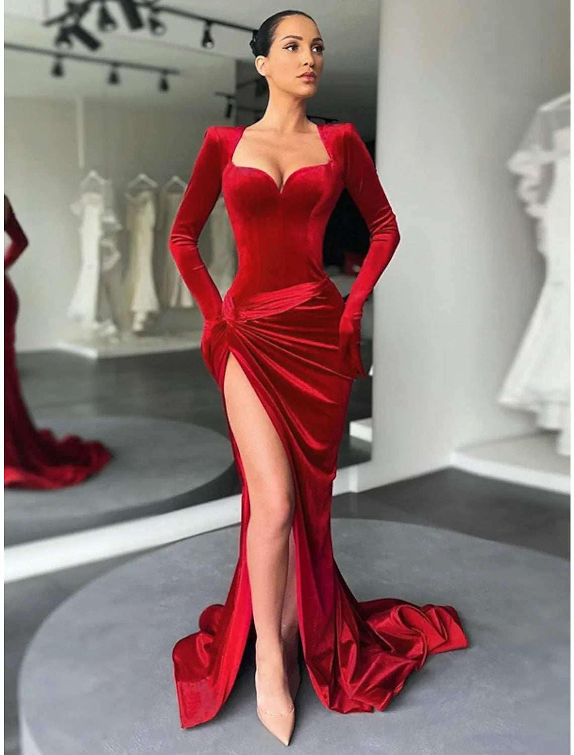 A-Line Sweetheart Velvet Long Sleeve High Slit Evening Gown - Chloe Dress