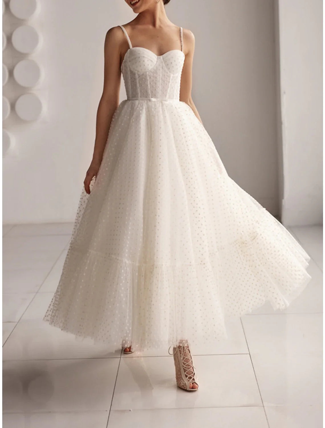 White A-Line Sweetheart Tulle Ankle-Length Wedding Gown - Chloe Dress