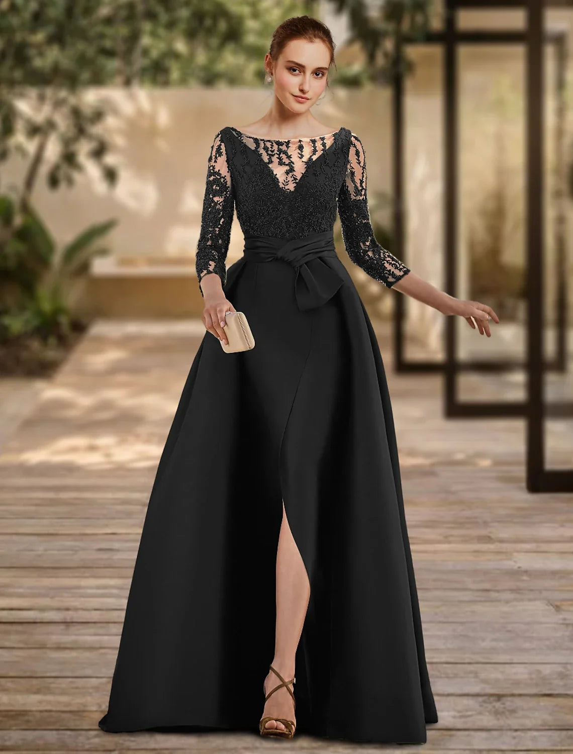A-Line Lace Three-Quarter Sleeve Open Back High Slit Floor-Length Evening Gown - Chloe Dress