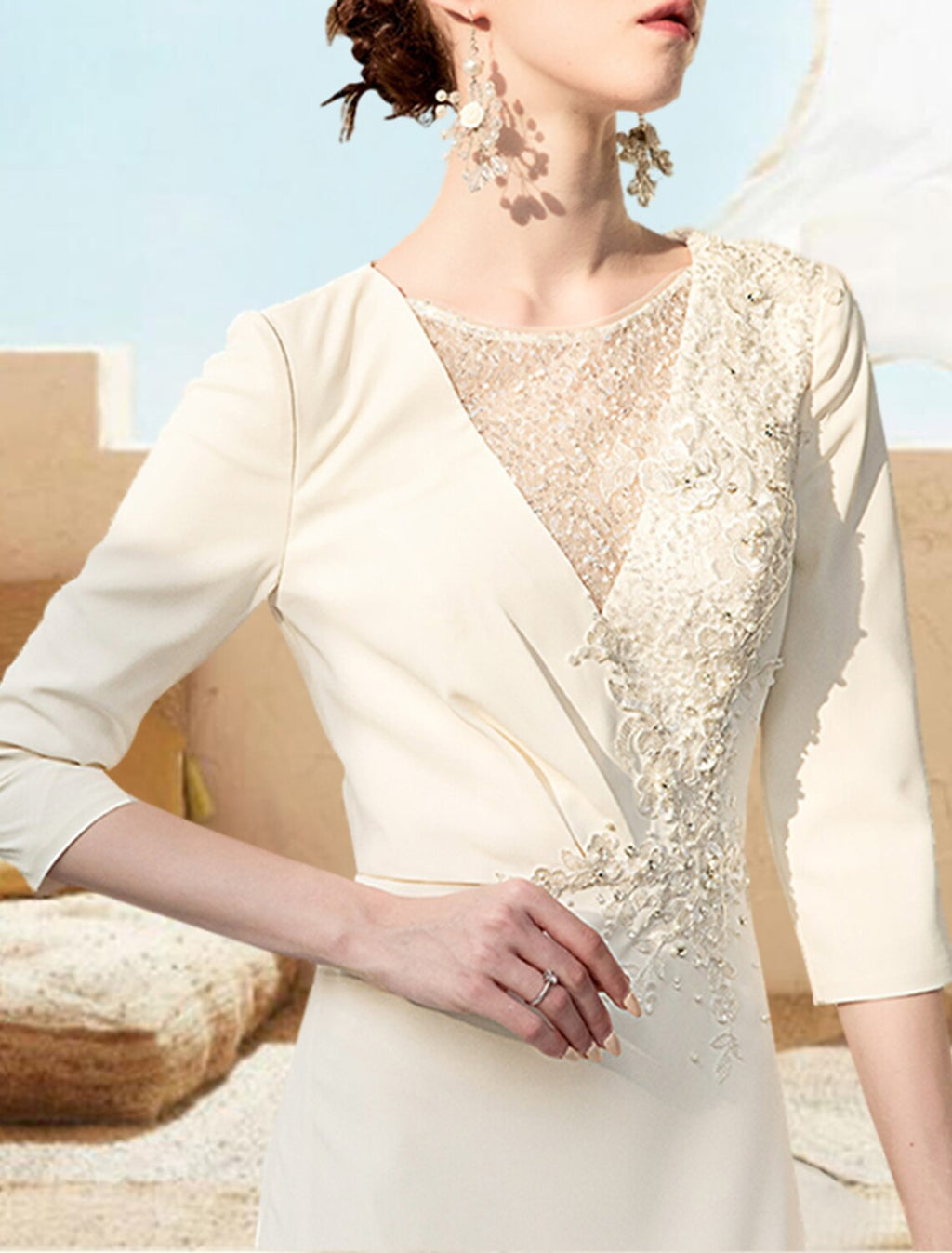 A-Line V-Neck Chiffon Three-Quarter Sleeve Applique Floor-Length Evening Gown - Chloe Dress
