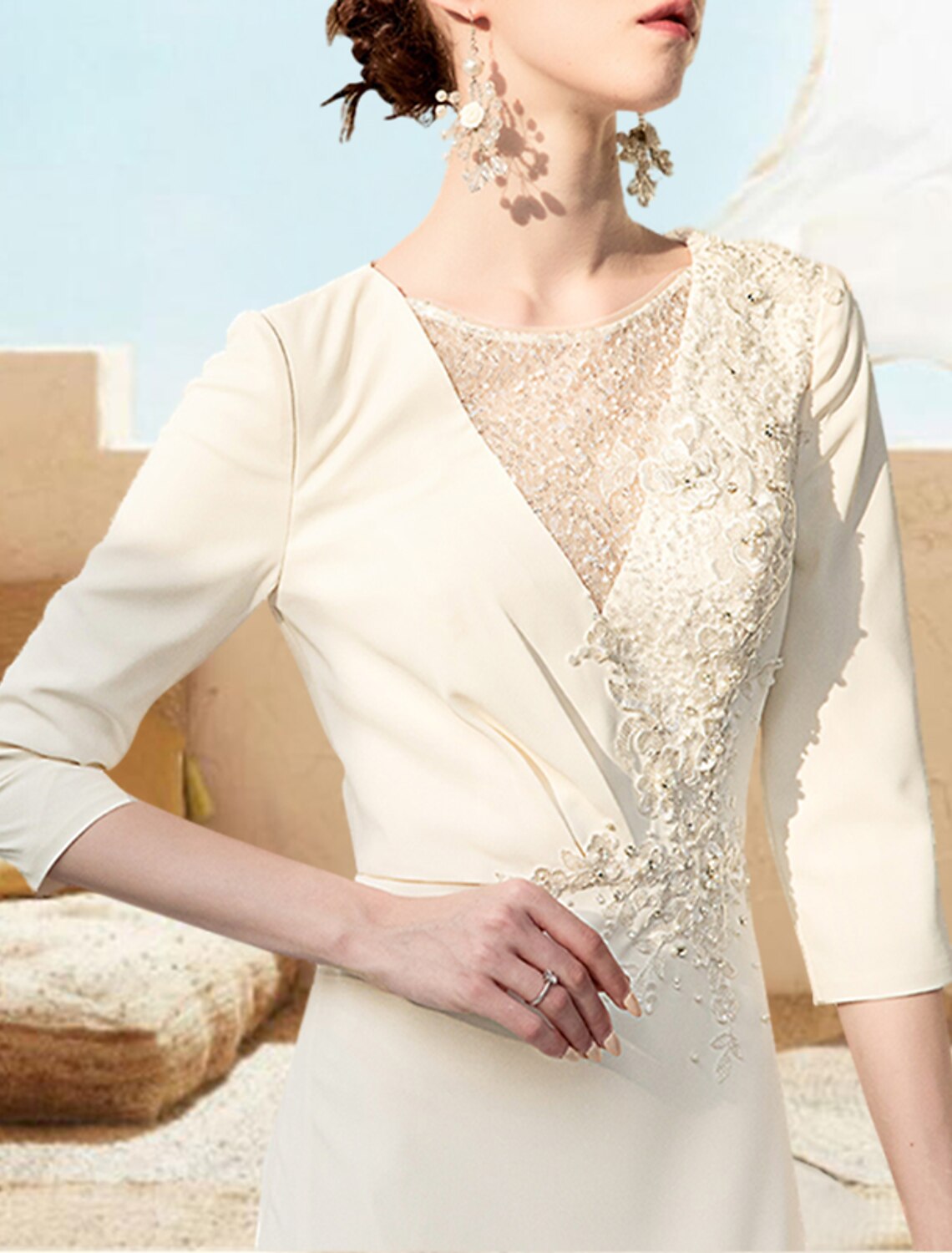 A-Line V-Neck Chiffon Three-Quarter Sleeve Applique Floor-Length Evening Gown - Chloe Dress