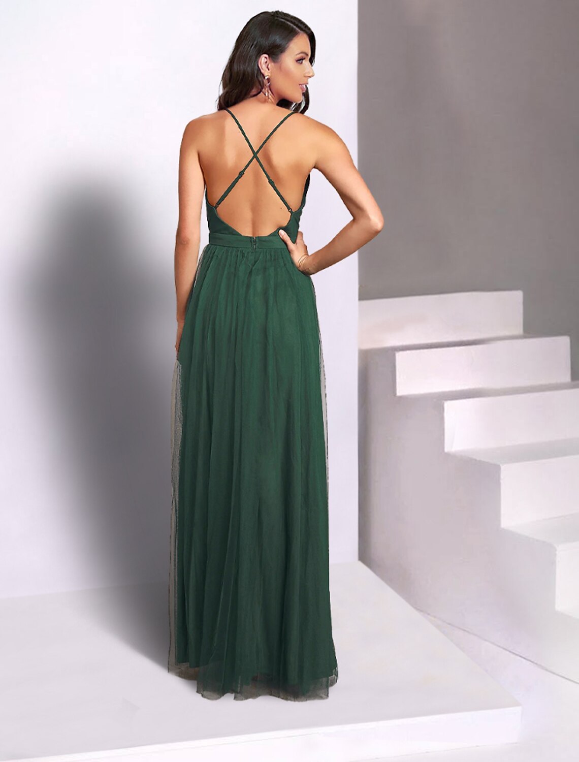 A-Line Spaghetti Strap Tulle Sleeveless Open Back Pleated Floor-Length Wedding Dress - Chloe Dress
