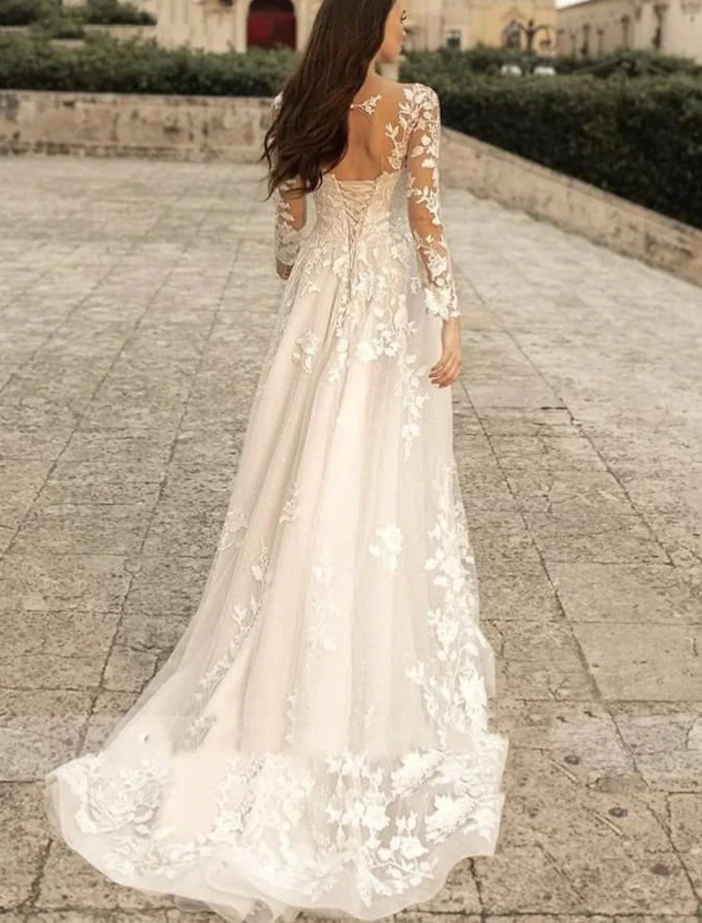 A-Line V-Neck Lace Long Sleeve Train Wedding Gown - Chloe Dress
