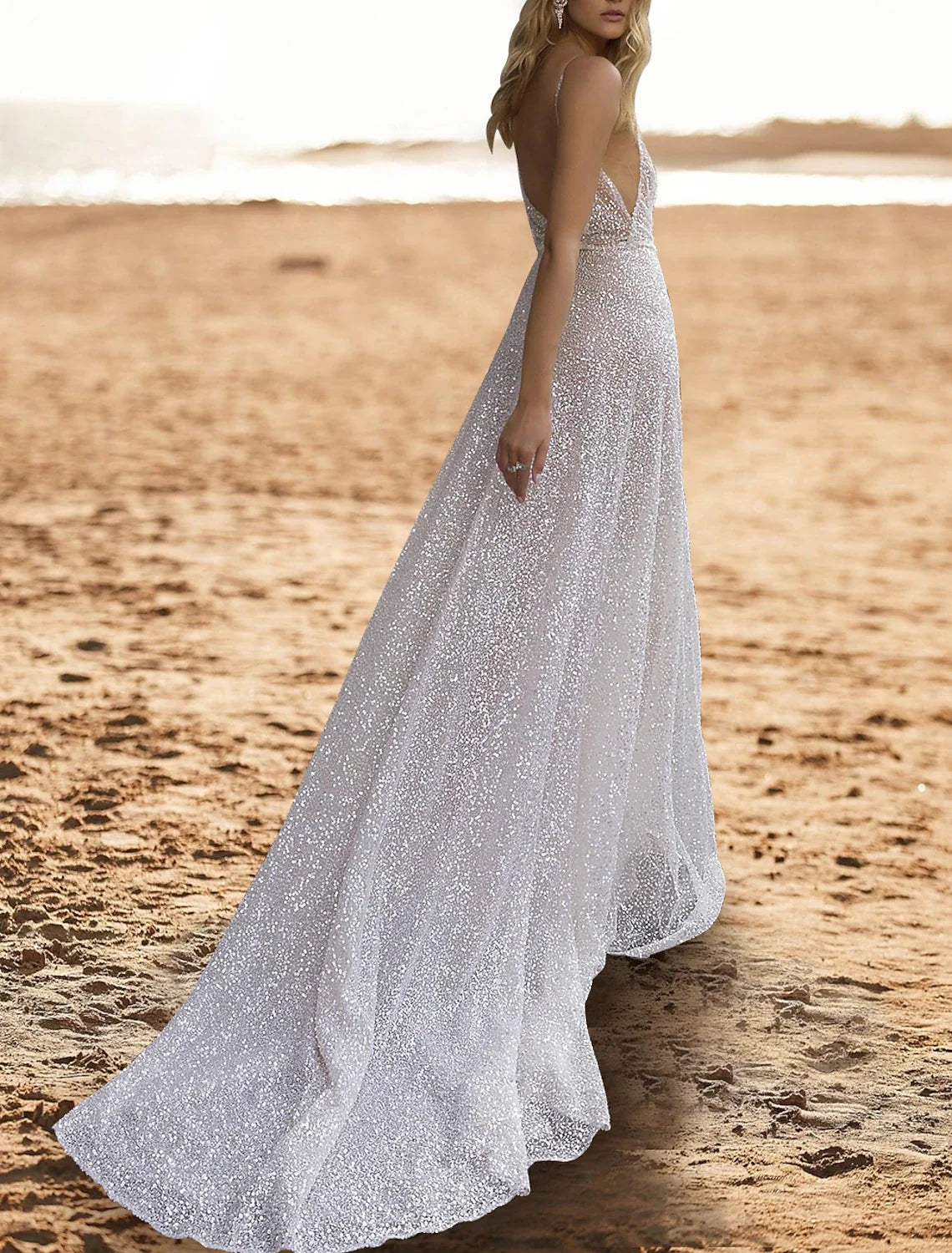 A-Line V-Neck Sequin Sleeveless Open Back Train Wedding Gown - Chloe Dress