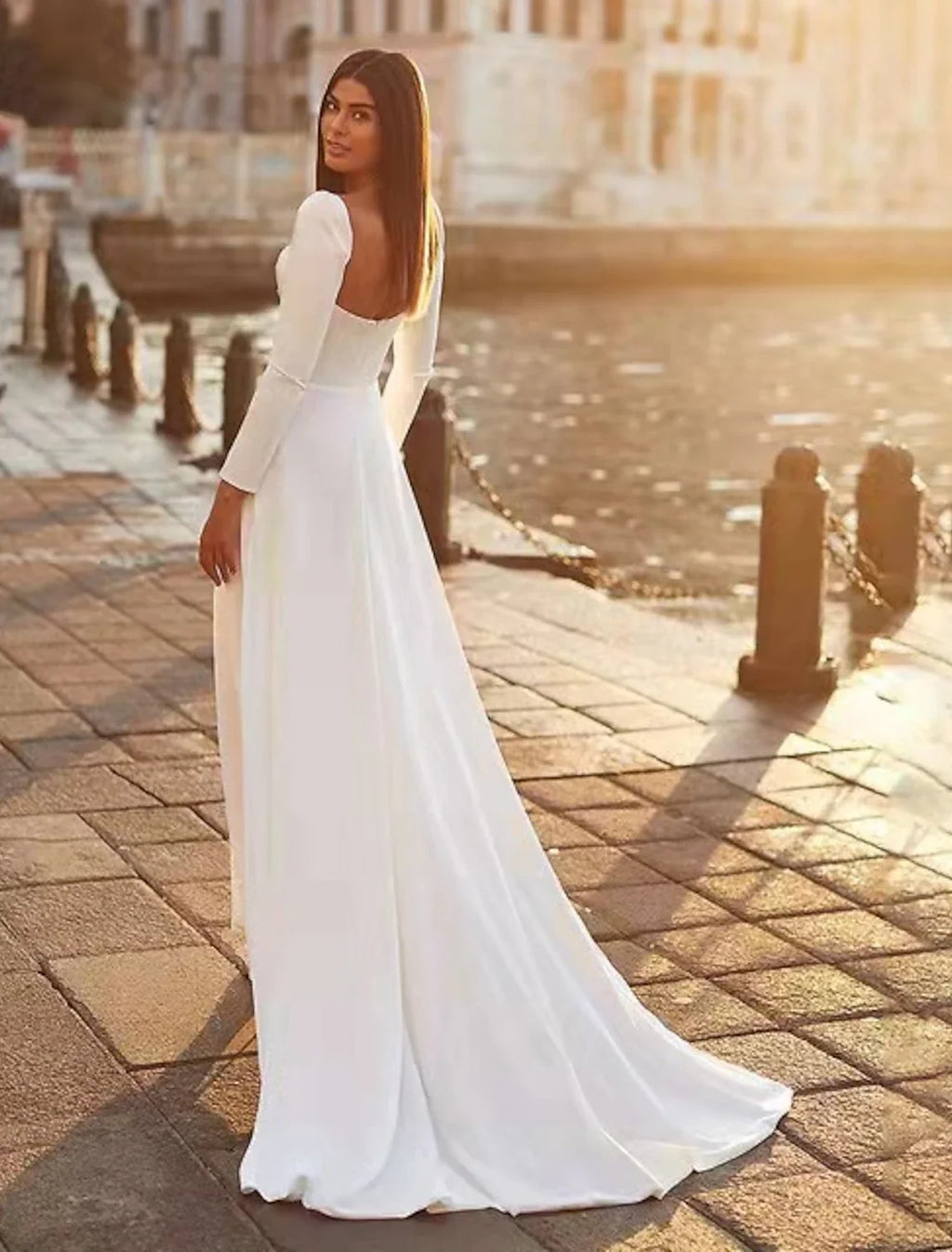 A-Line Sweetheart Satin Long Sleeve Train Wedding Gown - Chloe Dress