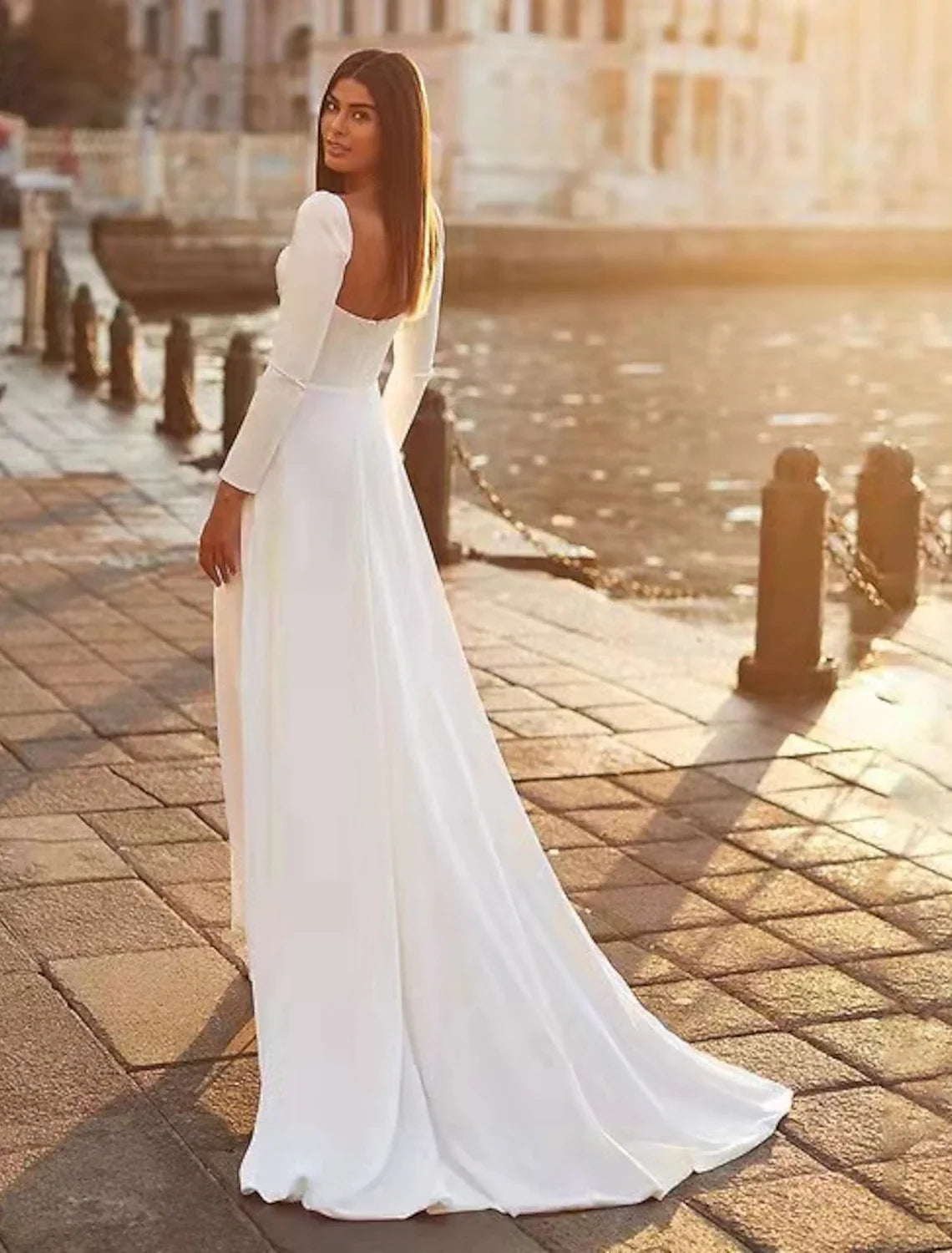 A-Line Sweetheart Satin Long Sleeve Train Wedding Gown - Chloe Dress