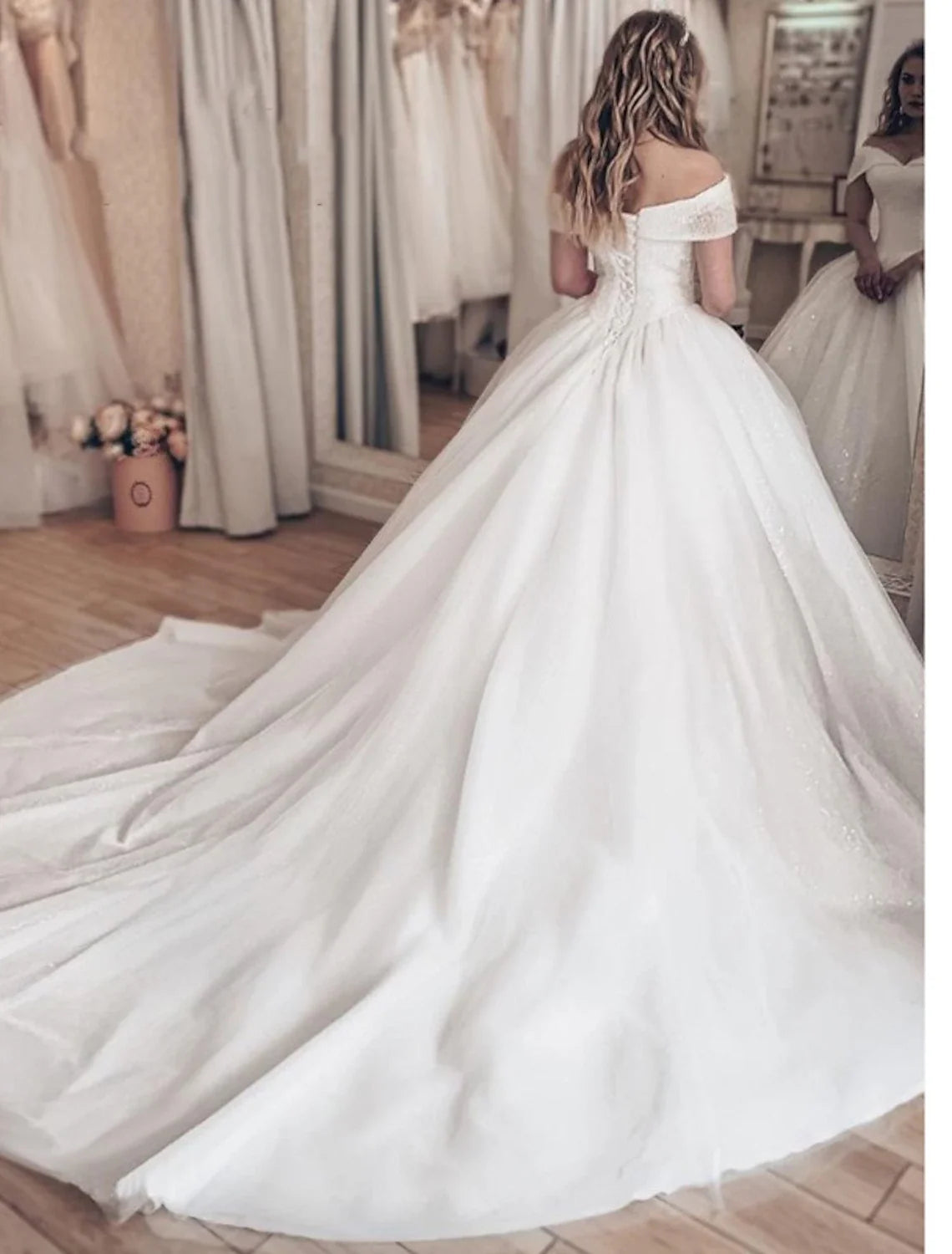 Ball Gown Off-Shoulder Tulle Cap Sleeve Pleated Wedding Gown - Chloe Dress