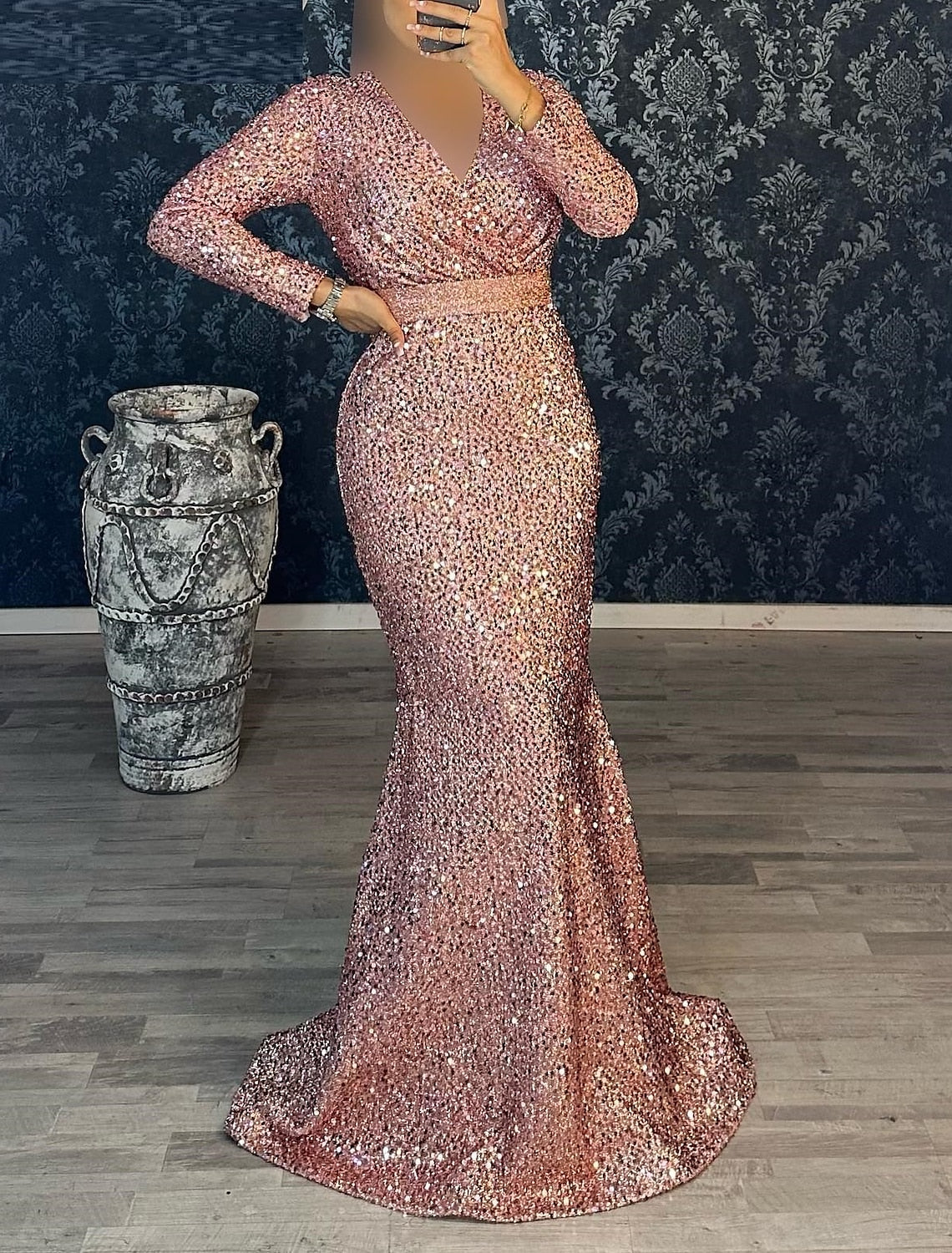 Black Mermaid V-Neck Sequin Long Sleeve Floor-Length Evening Gown - Chloe Dress