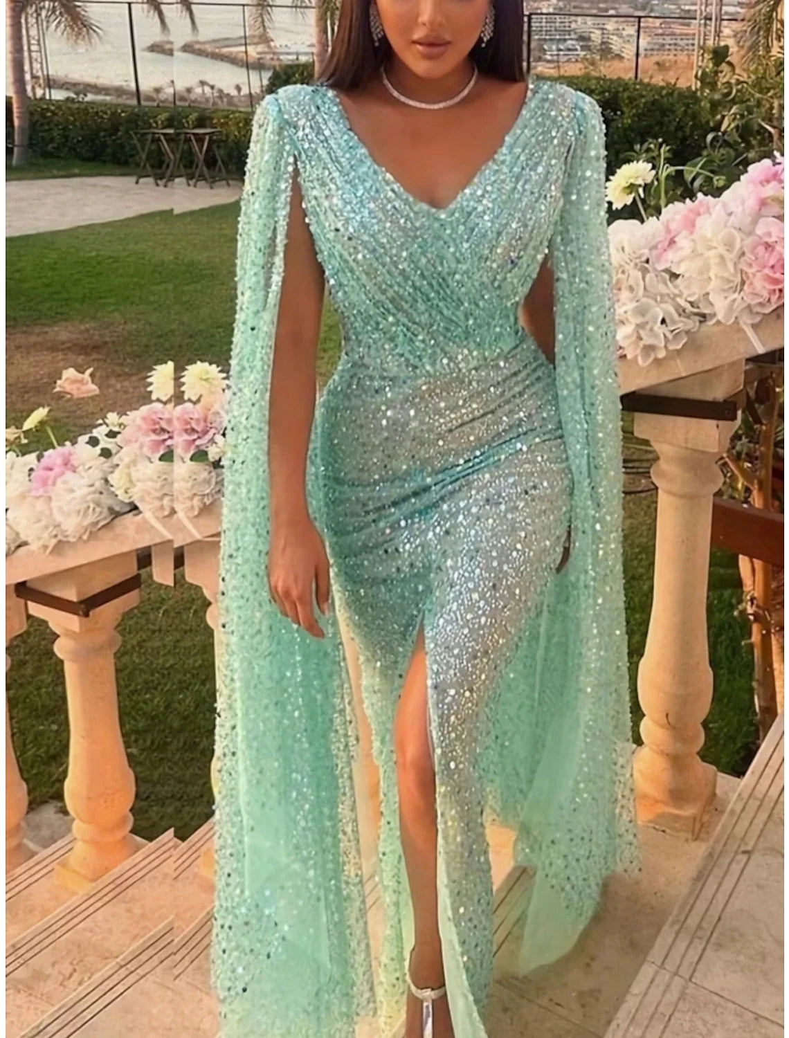 A-Line V-Neck Sequin Long Sleeve Pleated Floor-Length Evening Gown - Chloe Dress