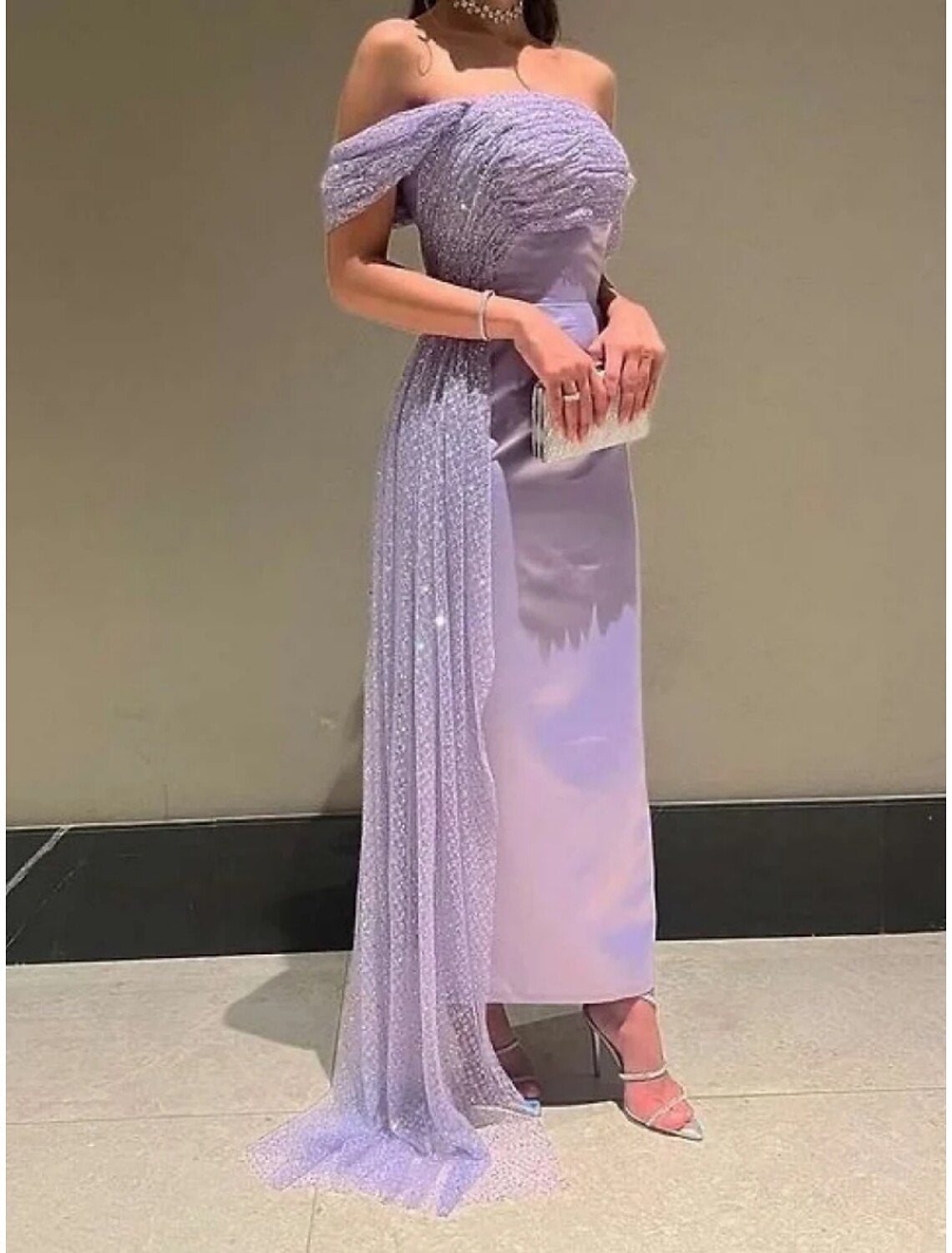 Sheath Off-Shoulder Satin Short Sleeve Mini Evening Gown - Chloe Dress
