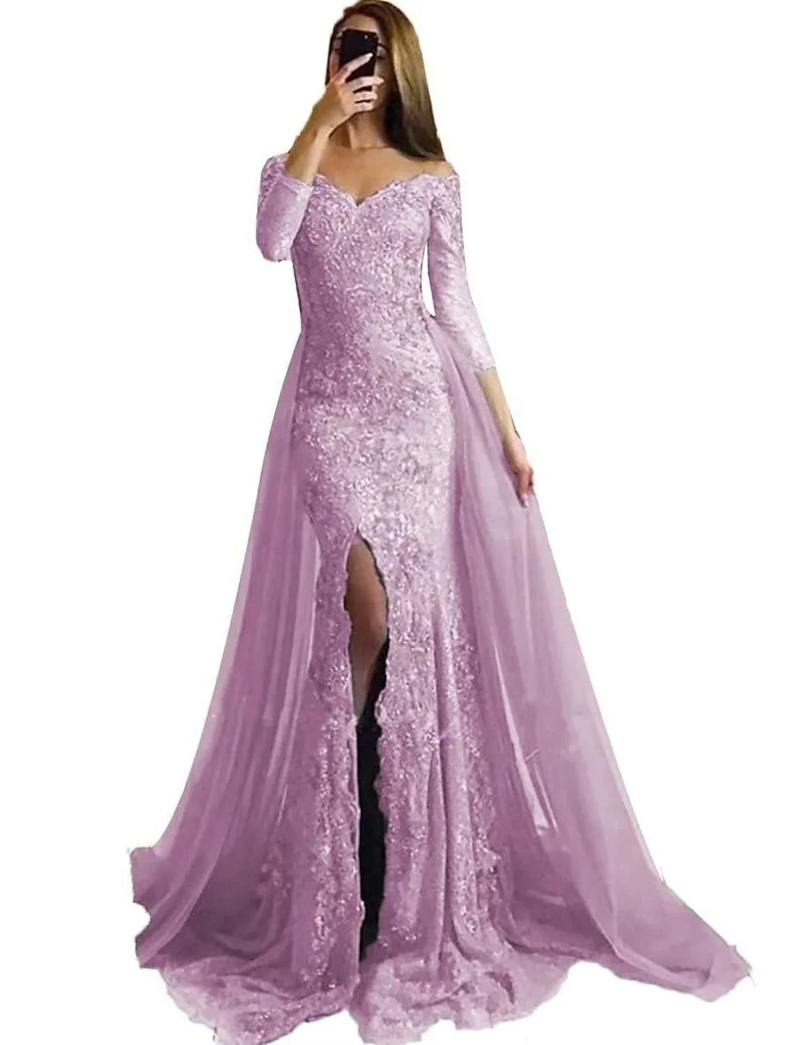 Mermaid Off-Shoulder Chiffon Long Sleeve High Slit Evening Gown - Chloe Dress