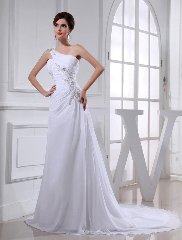 A-Line One-Shoulder Chiffon Sleeveless Applique Wedding Dress - Chloe Dress