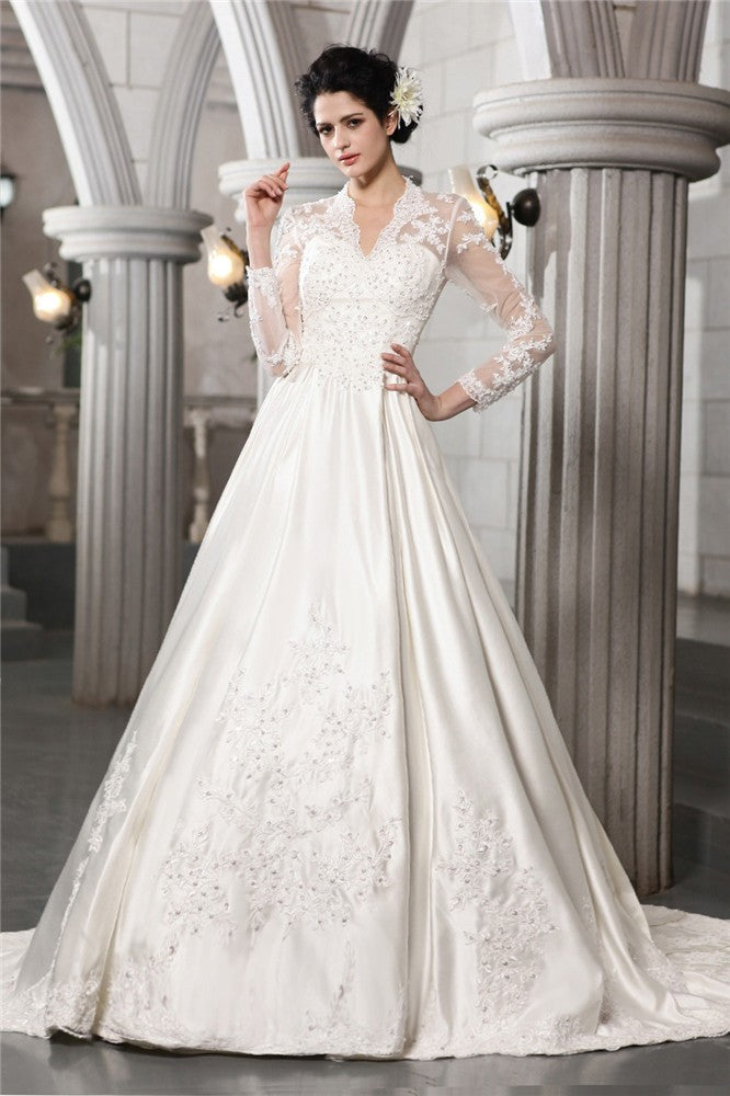 A-Line Satin Long Sleeve Applique Wedding Dress - Chloe Dress