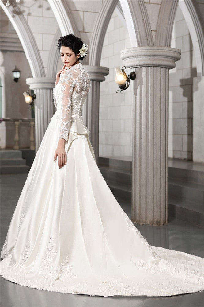 A-Line Satin Long Sleeve Applique Wedding Dress - Chloe Dress