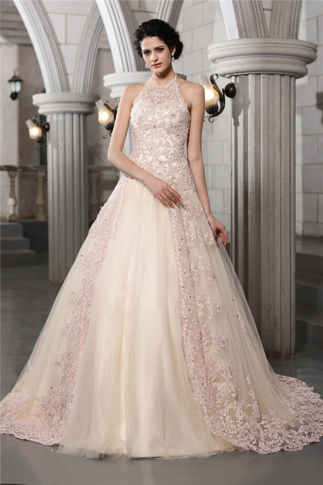 A-Line High Neck Sleeveless Applique Wedding Dress - Chloe Dress