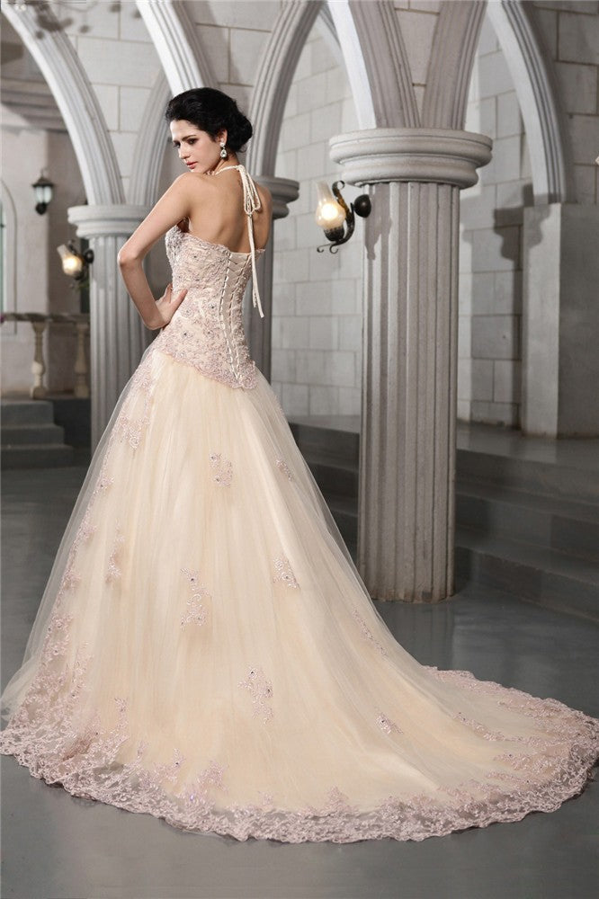 A-Line High Neck Sleeveless Applique Wedding Dress - Chloe Dress
