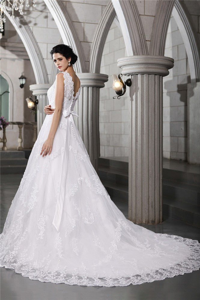 A-Line V-Neck Organza Sleeveless Applique Wedding Dress - Chloe Dress