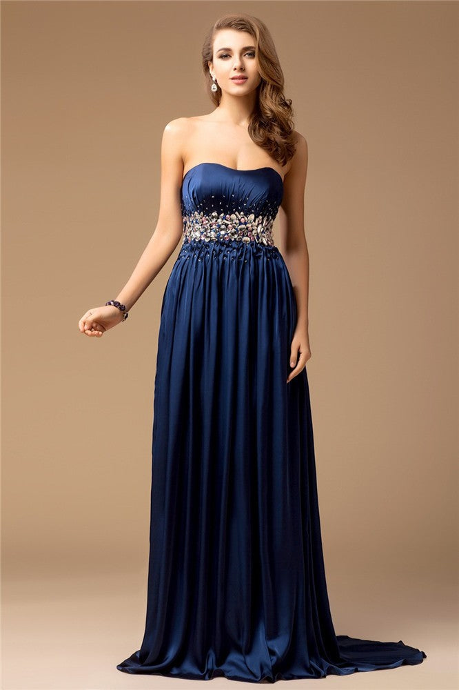 Sheath Strapless Satin Sleeveless Rhinestone Dress - Chloe Dress
