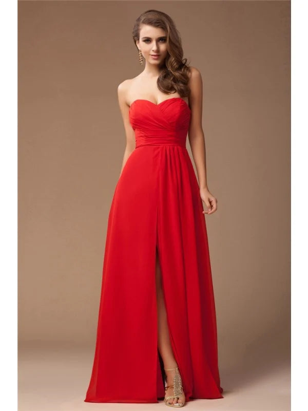 Red Strapless Sweetheart Slit Chiffon Long Bridesmaid Dresses