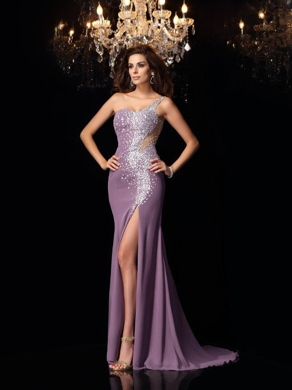 Mermaid One-Shoulder Chiffon Sleeveless Rhinestone Dress - Chloe Dress