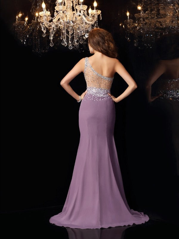 Mermaid One-Shoulder Chiffon Sleeveless Rhinestone Dress - Chloe Dress