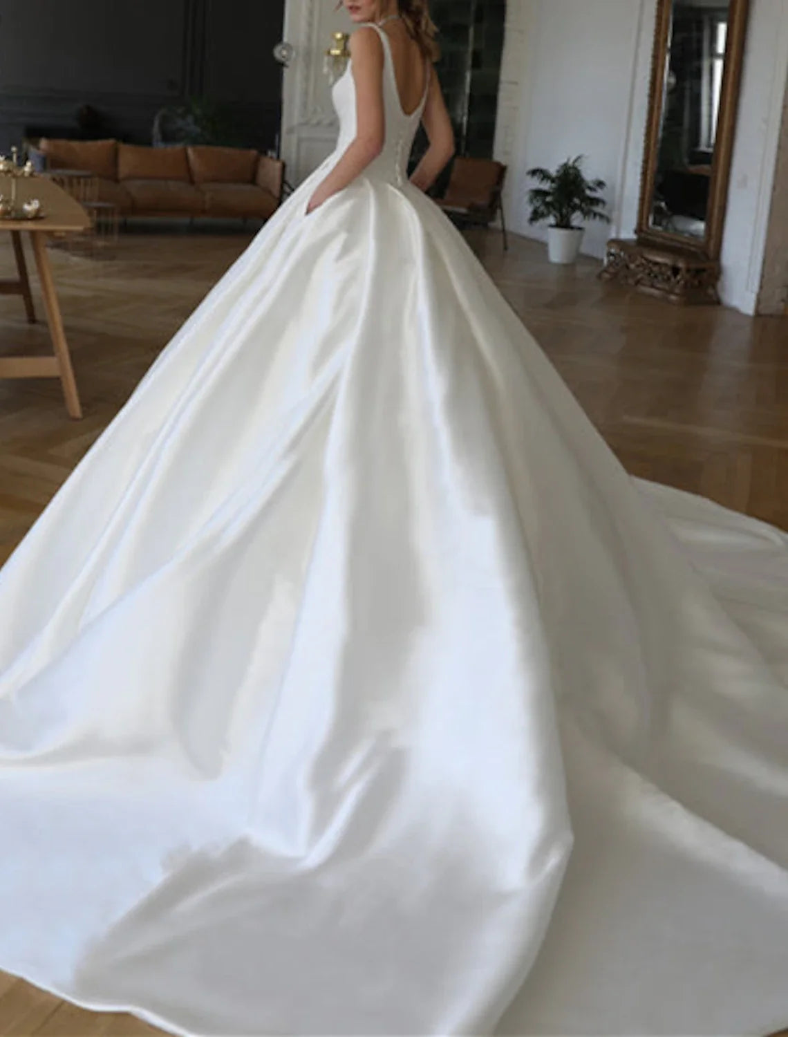 Ball Gown Square Neck Satin Sleeveless Train Wedding Gown - Chloe Dress