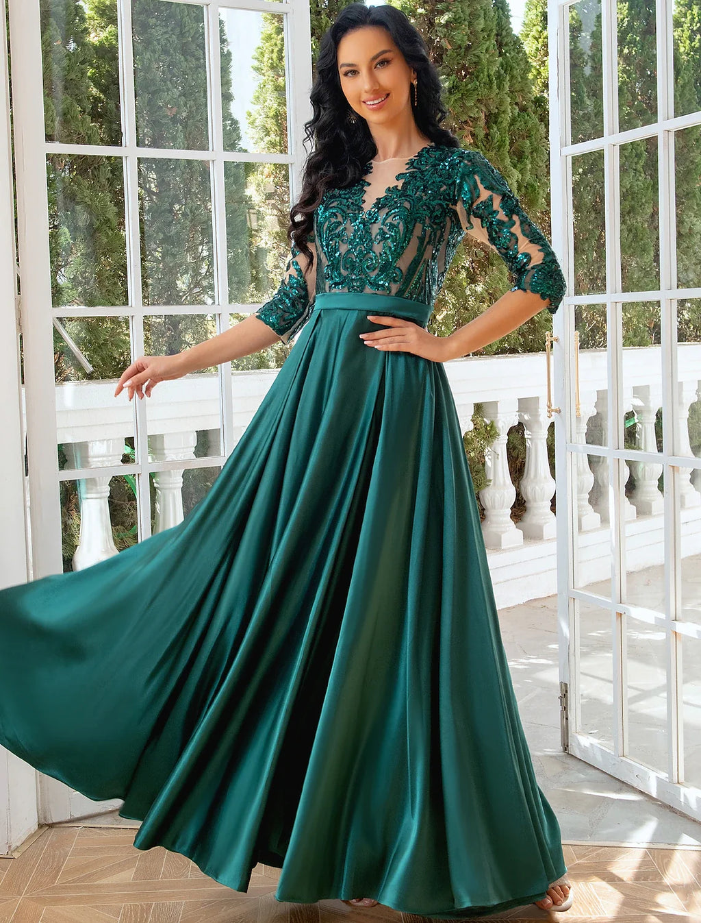 A-Line Illusion Satin High Slit Floor-Length Evening Gown - Chloe Dress