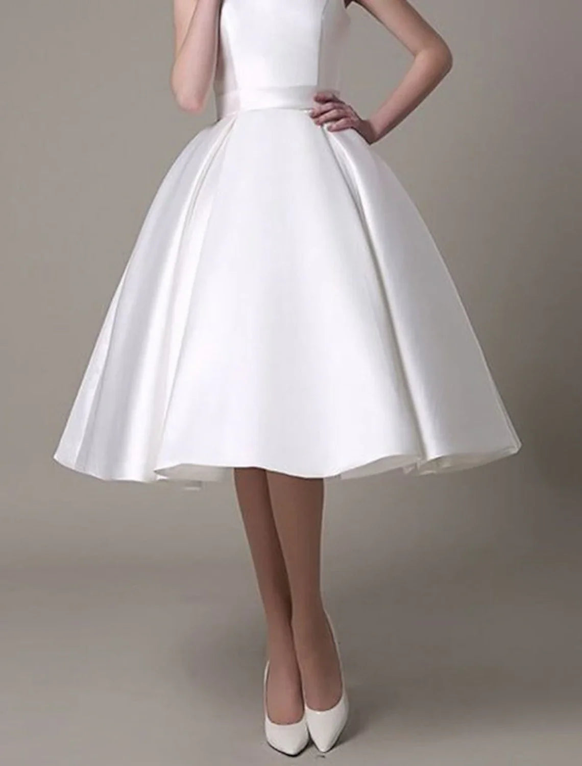 A-Line Square Neck Satin Sleeveless Pleated Knee-Length Wedding Dress - Chloe Dress