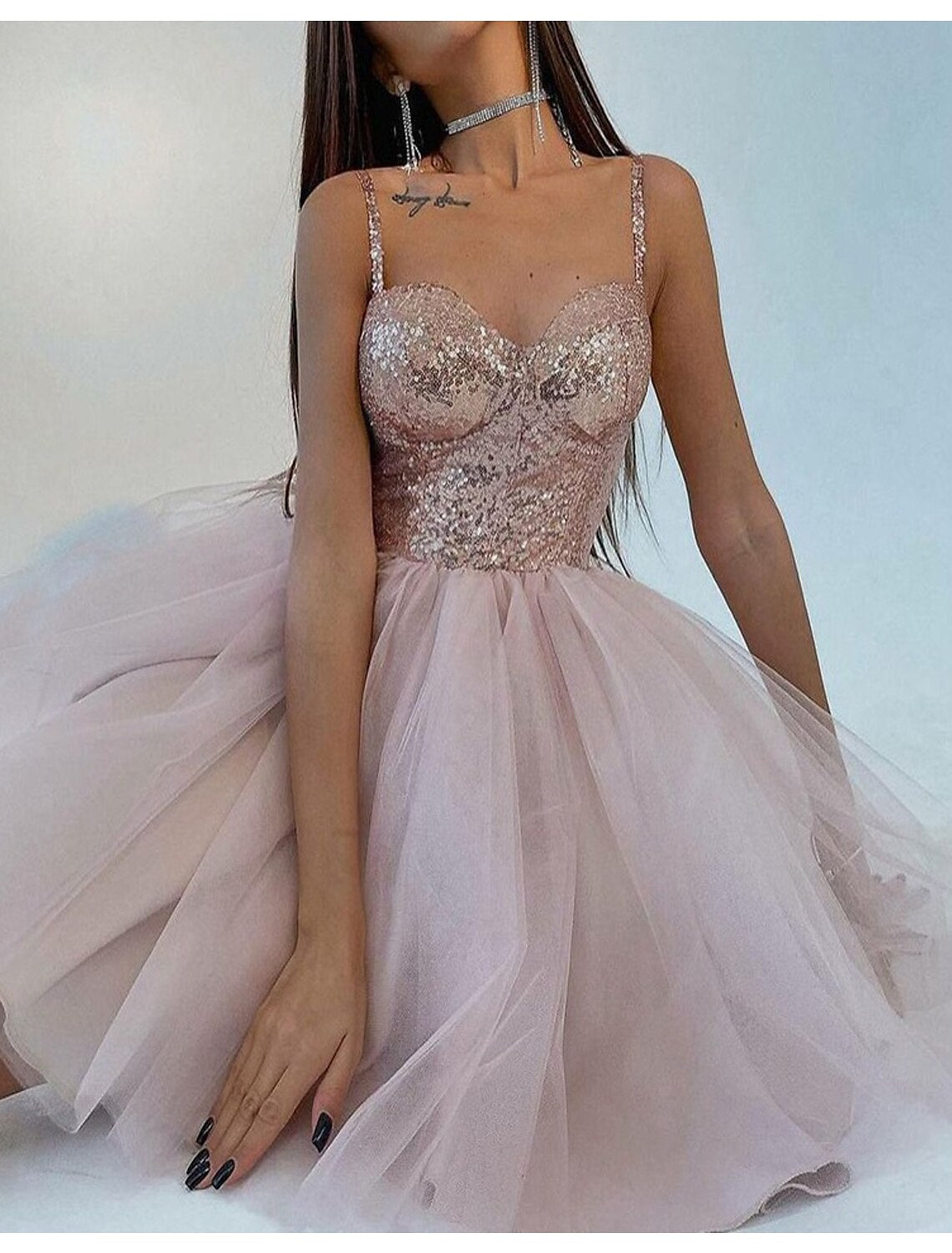 A-Line Spaghetti Strap Tulle Short Sleeve Mini Prom Gown - Chloe Dress