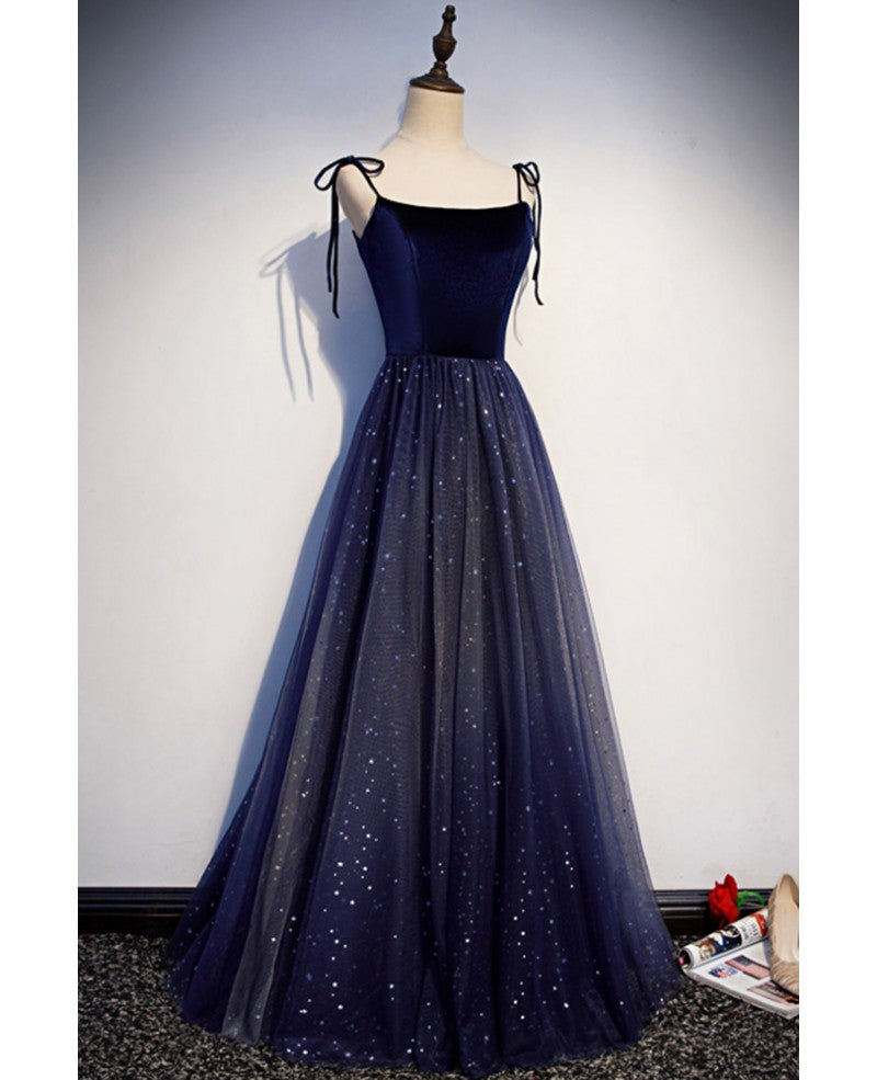 Navy Blue A-Line Off-Shoulder Sequin Sleeveless Backless Ruffled Evening Dress - Chloe Dress