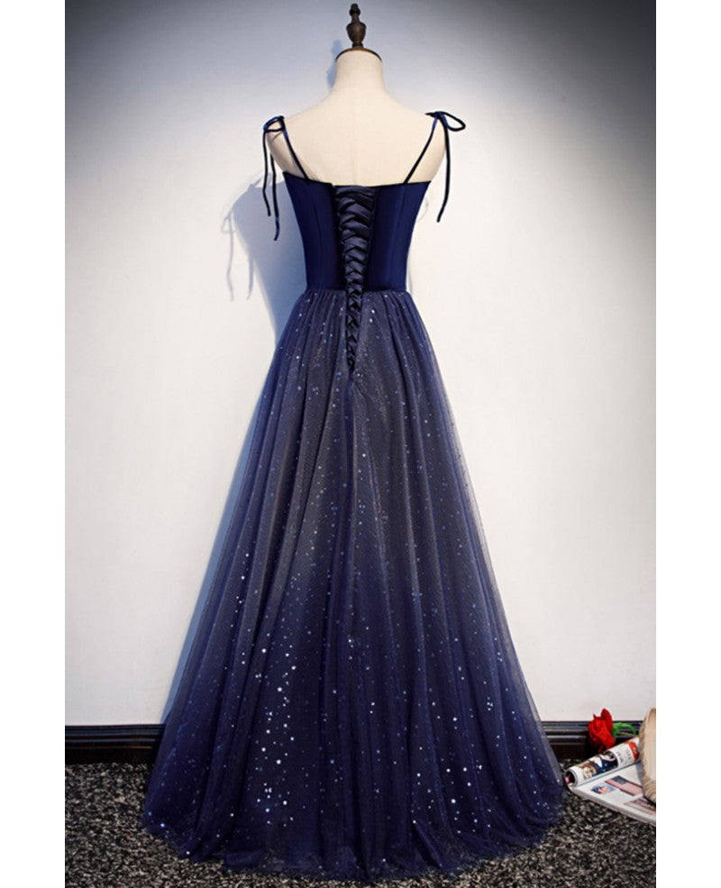 Navy Blue A-Line Off-Shoulder Sequin Sleeveless Backless Ruffled Evening Dress - Chloe Dress