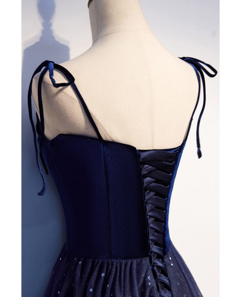 Navy Blue A-Line Off-Shoulder Sequin Sleeveless Backless Ruffled Evening Dress - Chloe Dress