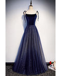 Navy Blue A-Line Off-Shoulder Sequin Sleeveless Backless Ruffled Evening Dress - Chloe Dress