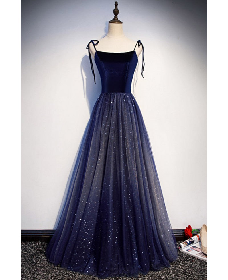 Navy Blue A-Line Off-Shoulder Sequin Sleeveless Backless Ruffled Evening Dress - Chloe Dress