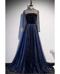 Navy Blue A-Line High Neck Tulle Long Sleeve Backless Ruffled Evening Dress - Chloe Dress