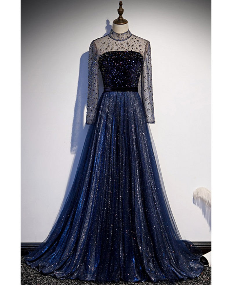 Navy Blue A-Line High Neck Tulle Long Sleeve Backless Ruffled Evening Dress - Chloe Dress