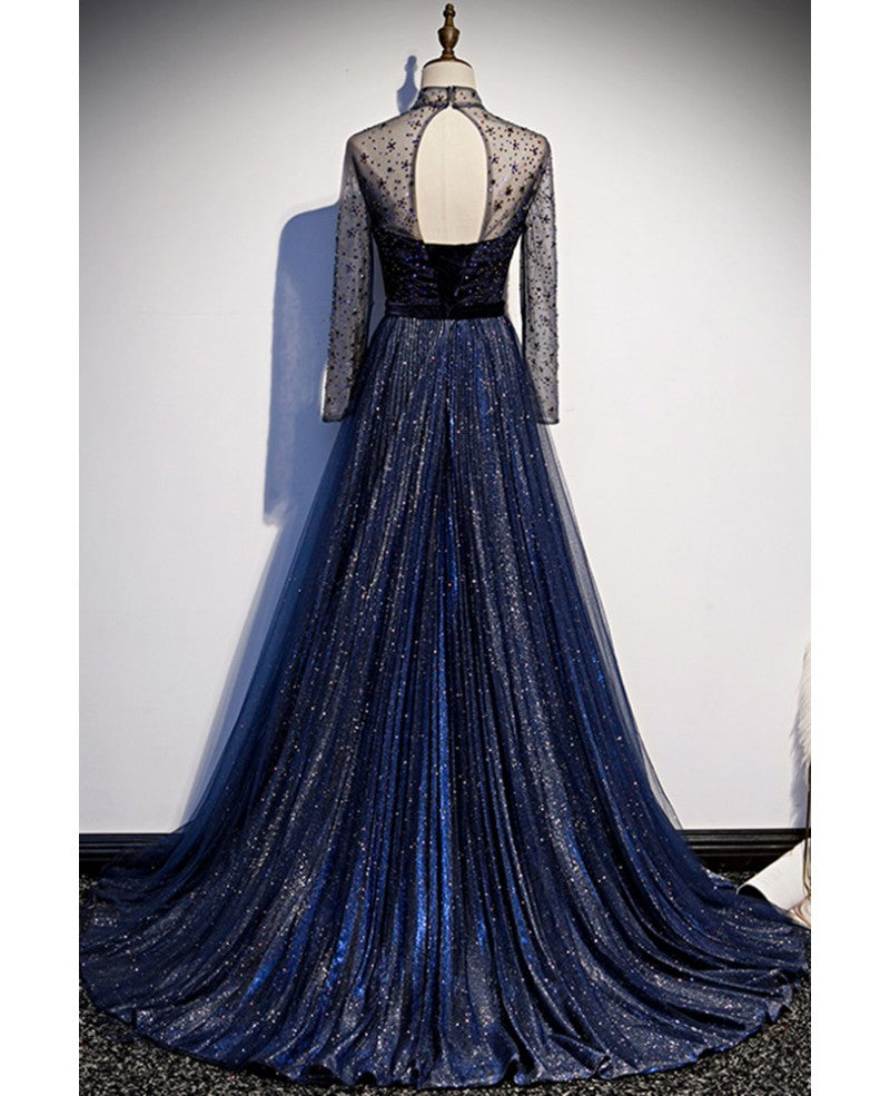 Navy Blue A-Line High Neck Tulle Long Sleeve Backless Ruffled Evening Dress - Chloe Dress