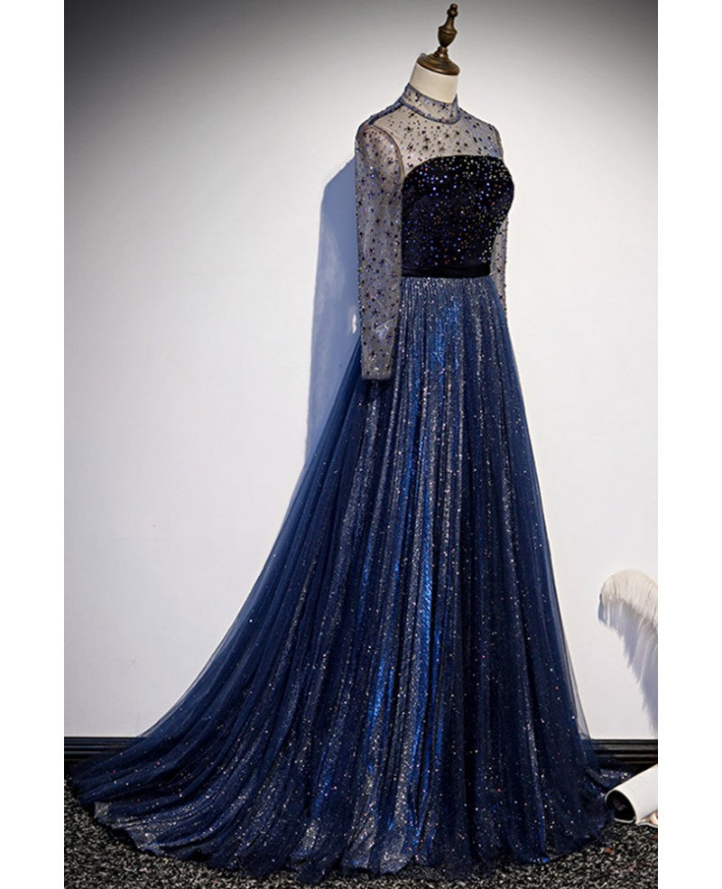 Navy Blue A-Line High Neck Tulle Long Sleeve Backless Ruffled Evening Dress - Chloe Dress