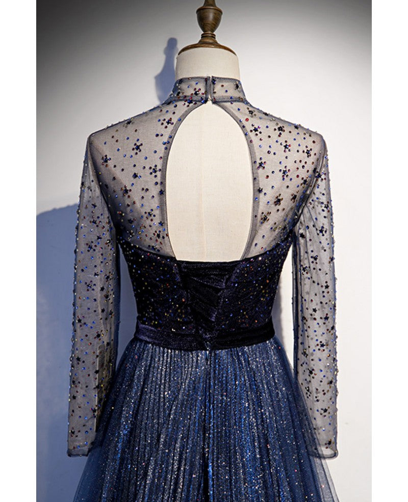 Navy Blue A-Line High Neck Tulle Long Sleeve Backless Ruffled Evening Dress - Chloe Dress