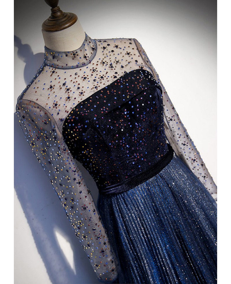 Navy Blue A-Line High Neck Tulle Long Sleeve Backless Ruffled Evening Dress - Chloe Dress