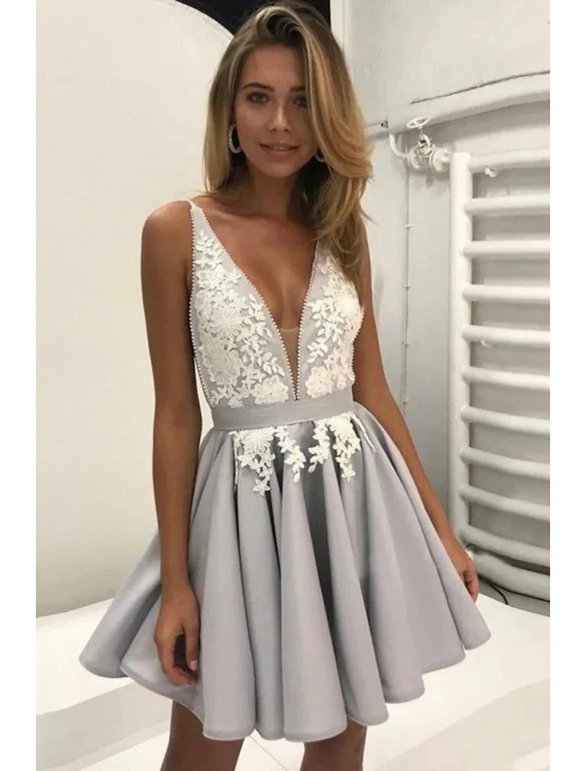 A-Line V-Neck Satin Sleeveless Backless Applique Mini Cocktail Dress - Chloe Dress