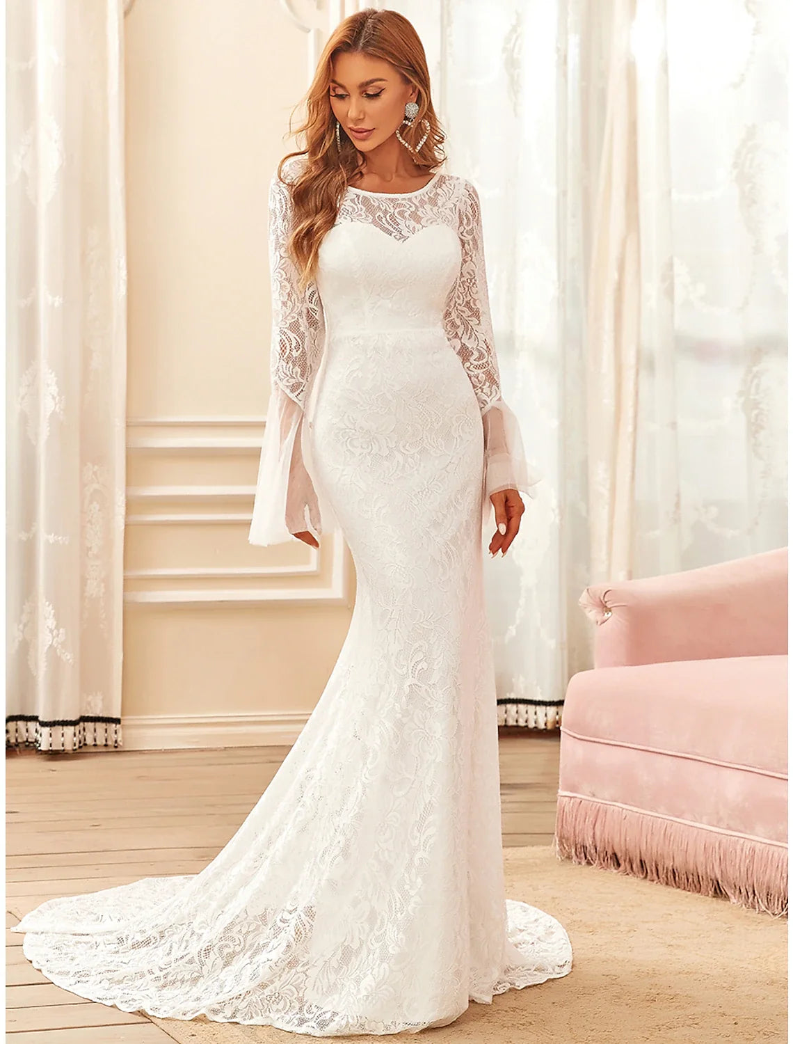 Mermaid Illusion Lace Long Sleeve Train Wedding Gown - Chloe Dress