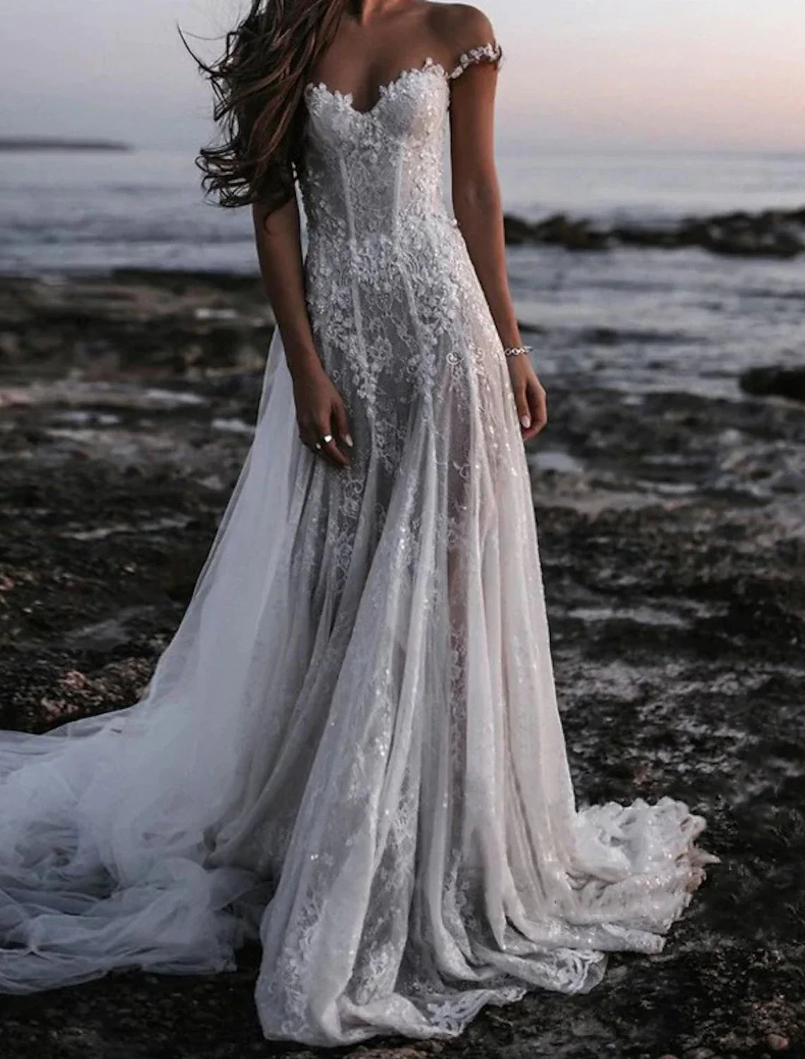 A-Line Off-Shoulder Lace Cap Sleeve Open Back Train Wedding Gown - Chloe Dress