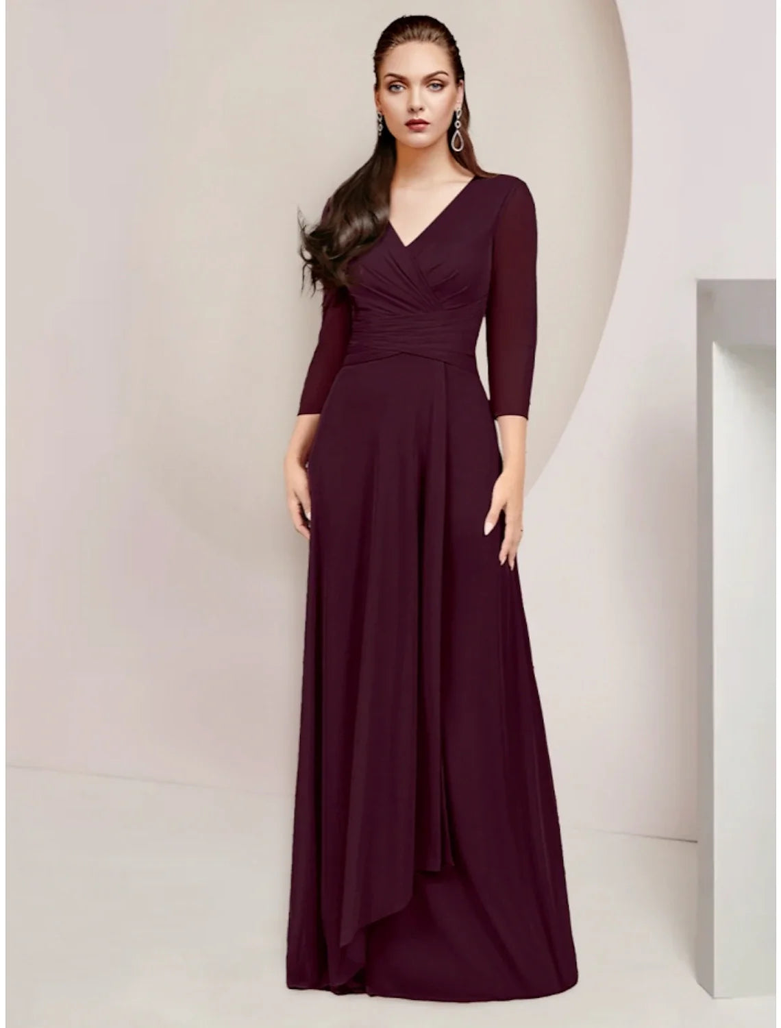 A-Line V-Neck Chiffon Three-Quarter Sleeve Floor-Length Wedding Dress - Chloe Dress