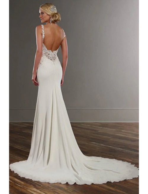 Mermaid V-Neck Lace Sleeveless Open Back Train Wedding Gown - Chloe Dress